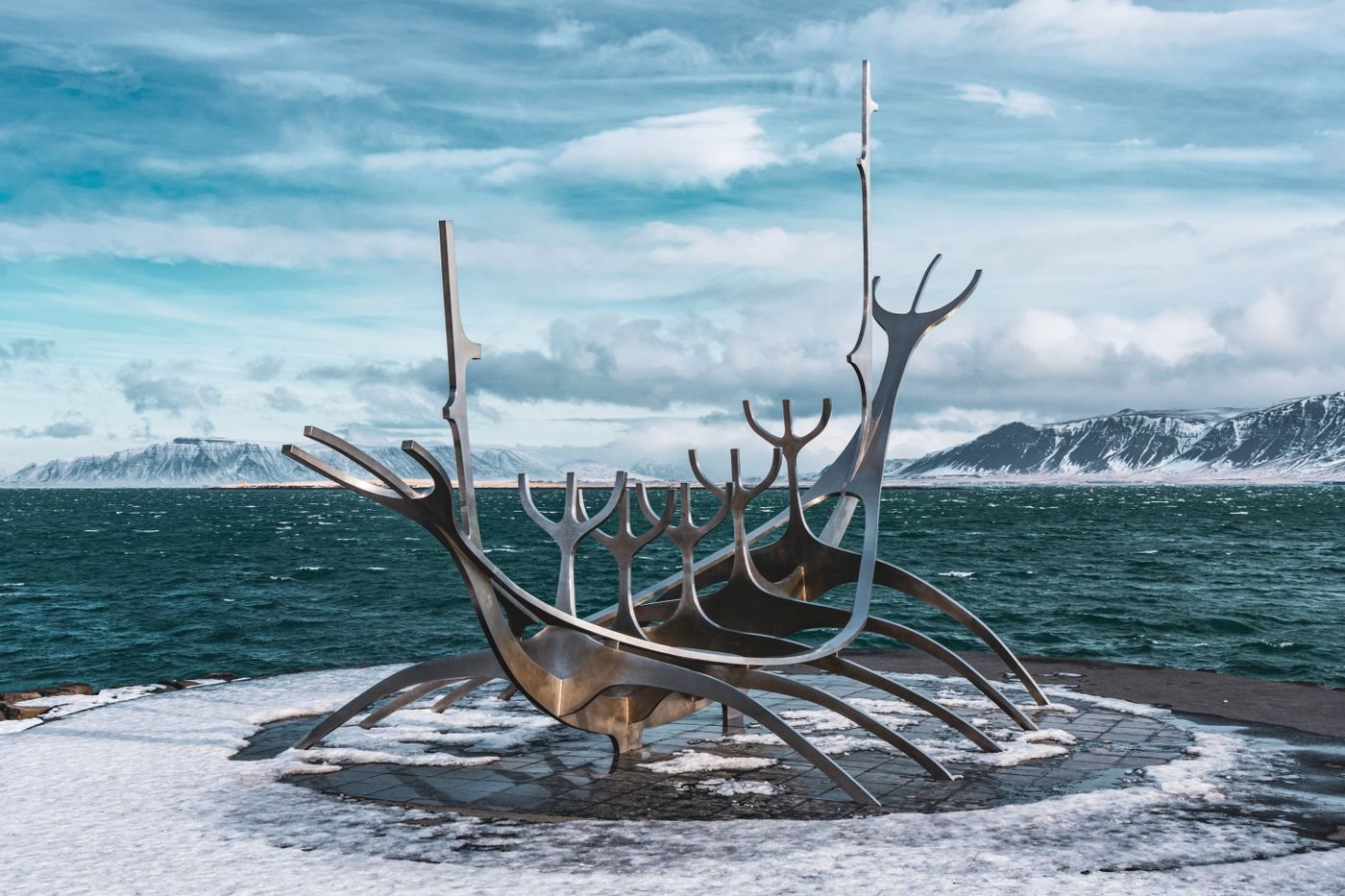 The Sun Voyager longship sculpture on a snowy Reykjavik waterfront